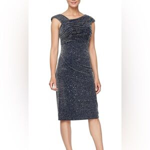 Alex Evenings Sparkly Navy Ruched Cocktail Dress, size 12P